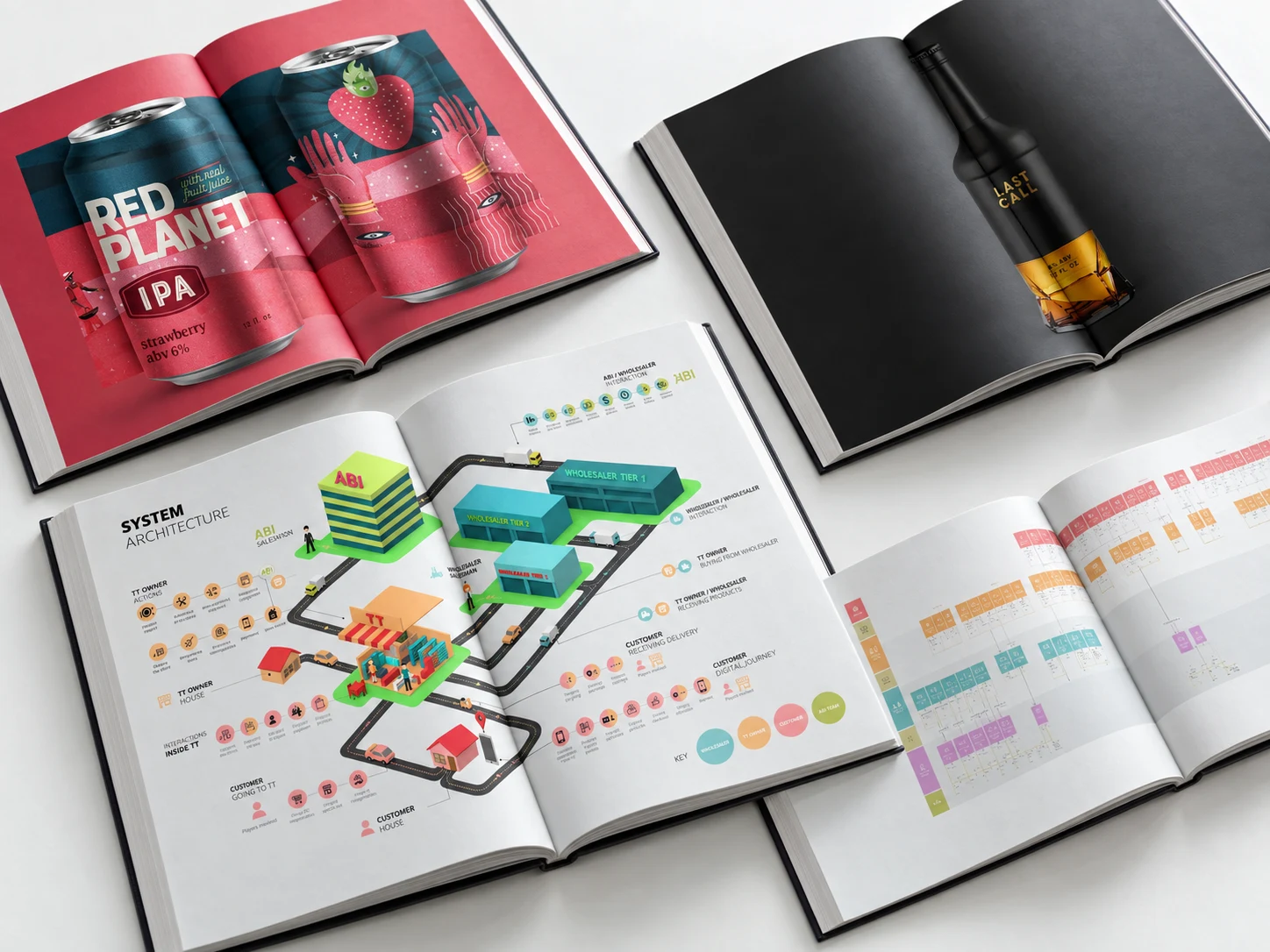 Mockup editorial de quatro livros: conceitos e diagramas reais do projeto ABI